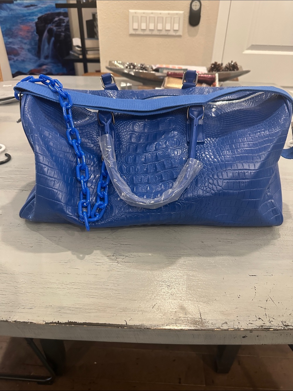 Croc-Embossed Royal Blue Travel Duffle Bag